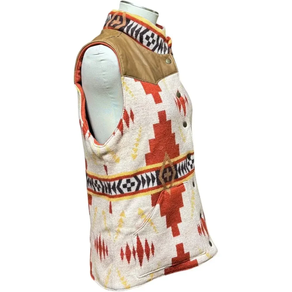Orvis Leather Wool Aztec Southwestern Print Vest Large
